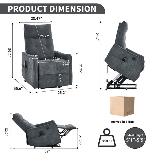 Grey Chenille Single Motor Power Lift Recliner Chair with Massage and Heat for Elderly - detail view 2