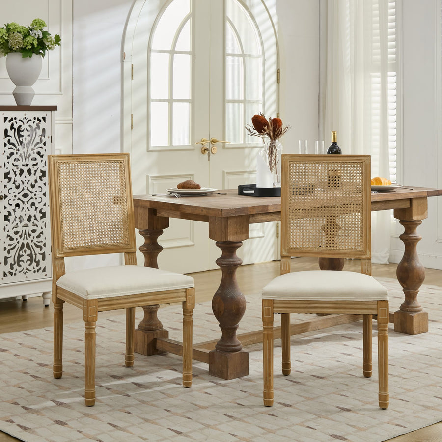 Beige Fabric Dining Chairs with Wood Legs (Set of 2)
