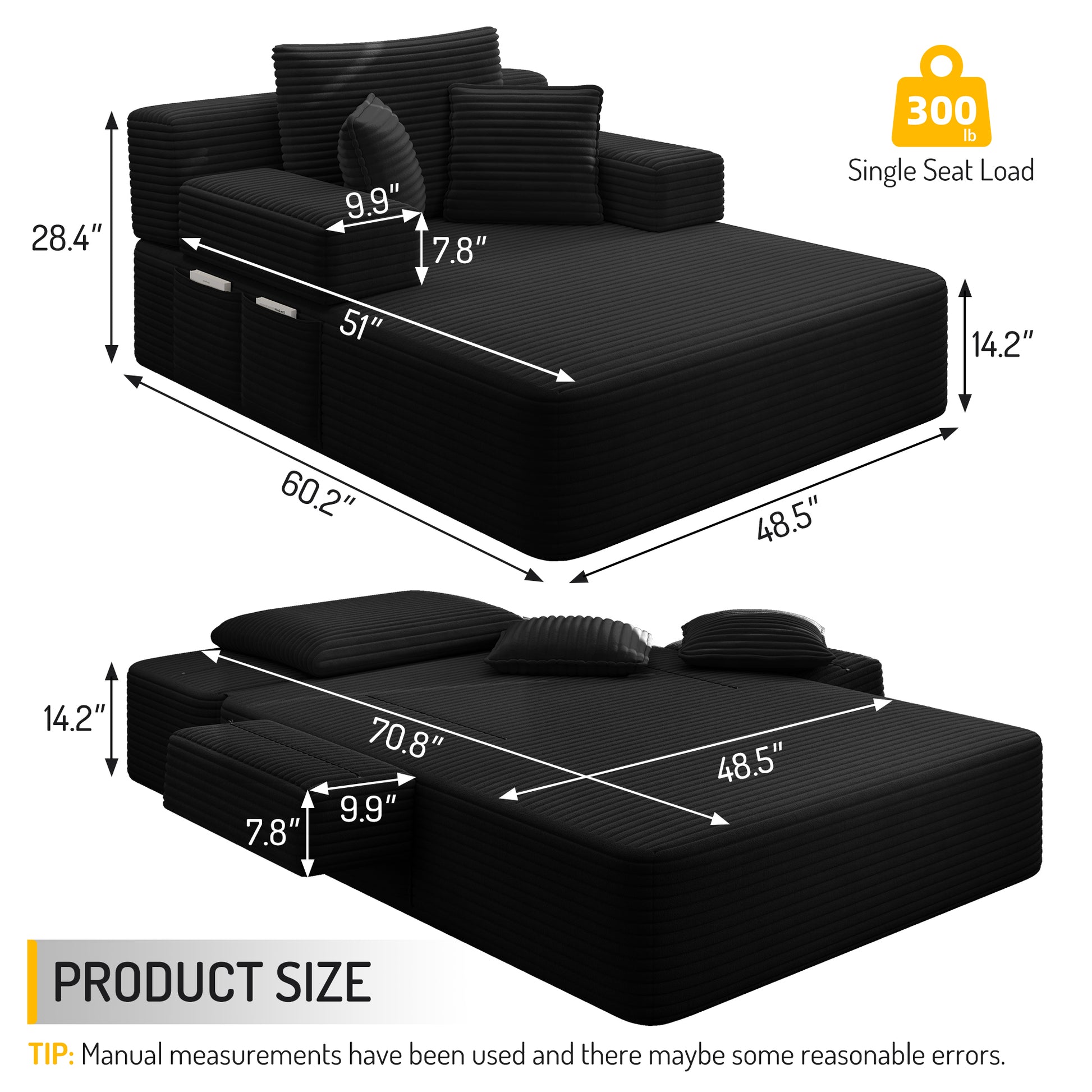 Luxurious Plush Corduroy Chaise Lounge with 3 Pillows - Black - detail view 2