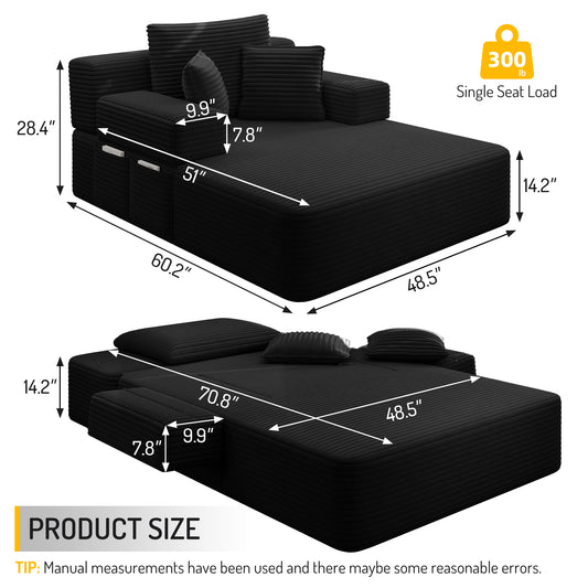 Luxurious Plush Corduroy Chaise Lounge with 3 Pillows - Black - detail view 2