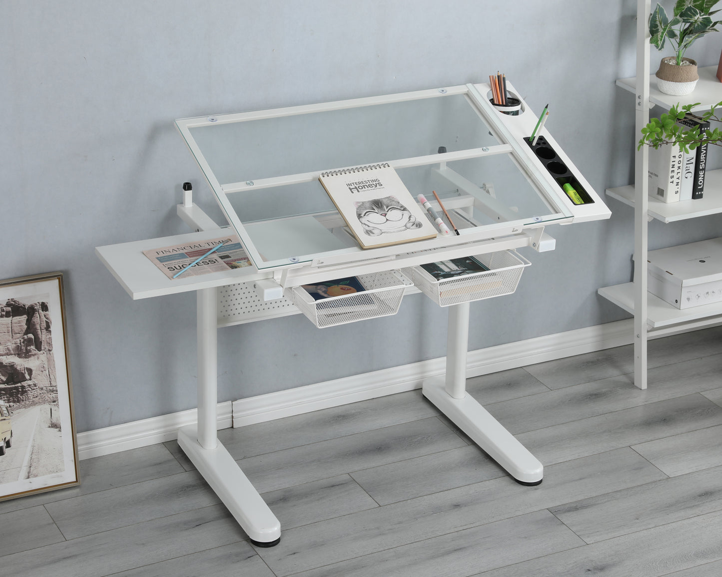 Malachai Hand Crank Adjustable Drafting Desk with Stool, White