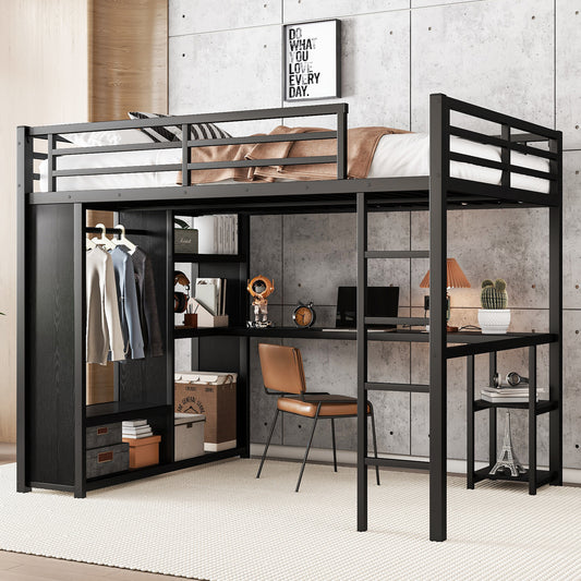 Queen Size Loft Bed Frame with Built-in Wardrobe - Black - primary color shot
