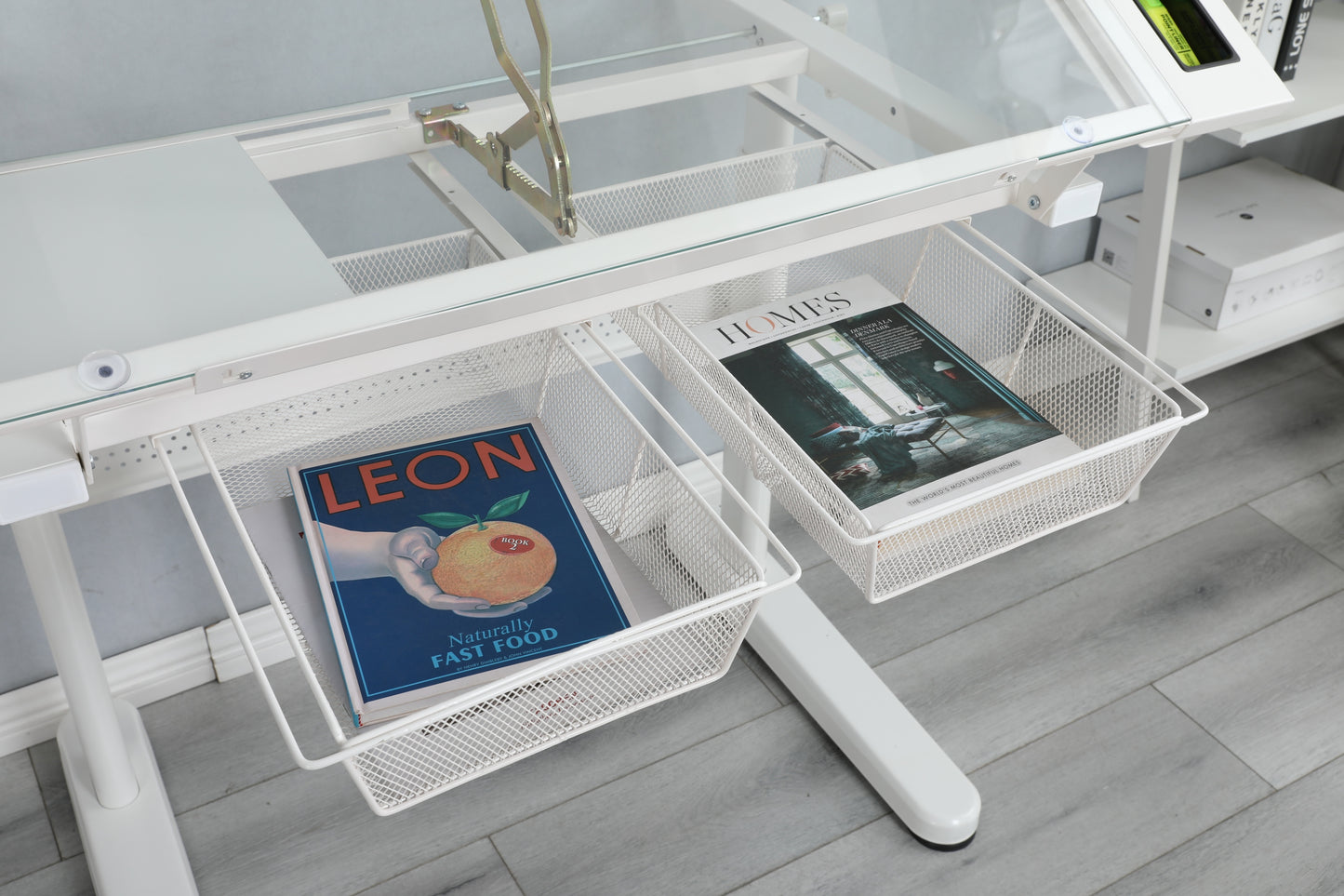 Malachai Hand Crank Adjustable Drafting Desk with Stool, White