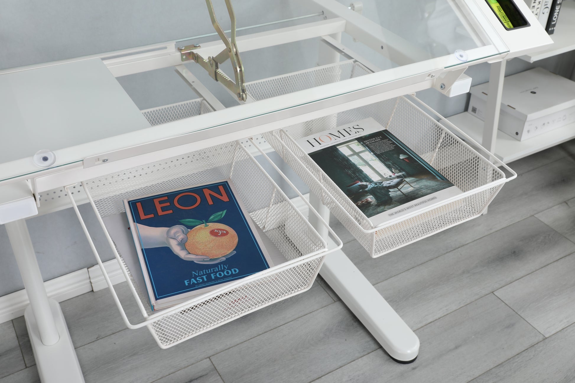 Malachai Hand Crank Adjustable Drafting Desk with Stool, White