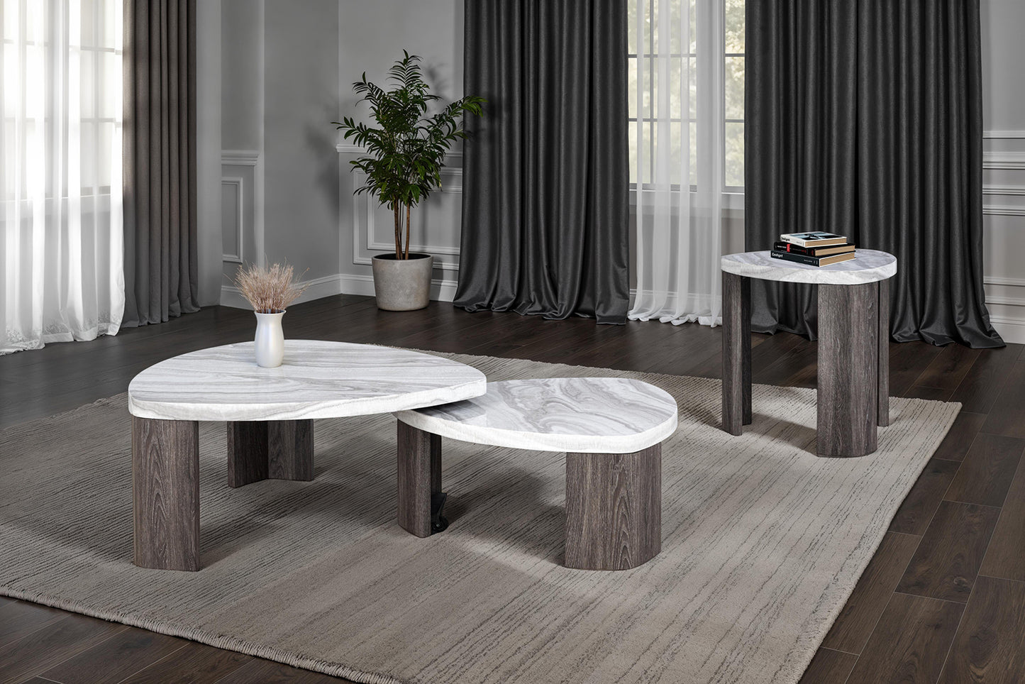 Contemporary Style Nesting Cocktail Table Hidden Caster for Easy Swivel Marble Pattern Space Saving Design Primary Living Room - detail view 8