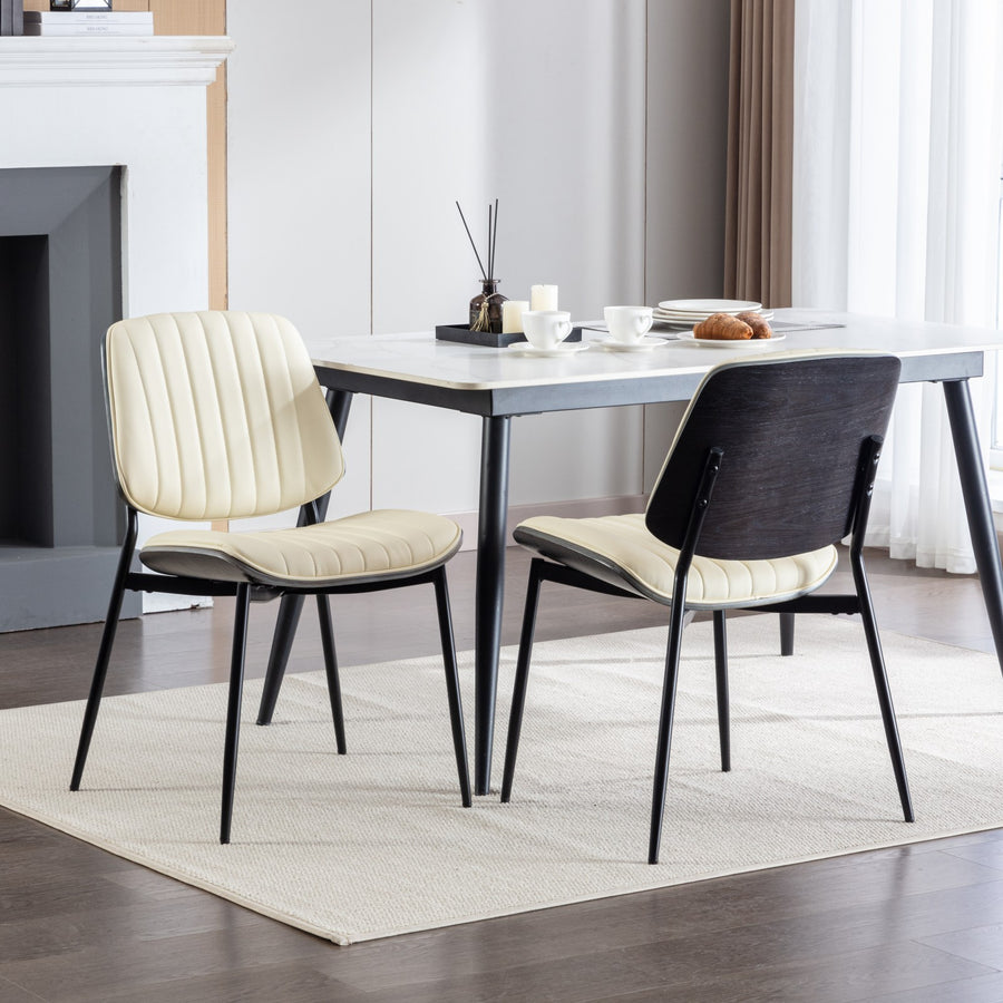 Beige PU Leather Dining Chairs with Wood Legs (Set of 2)