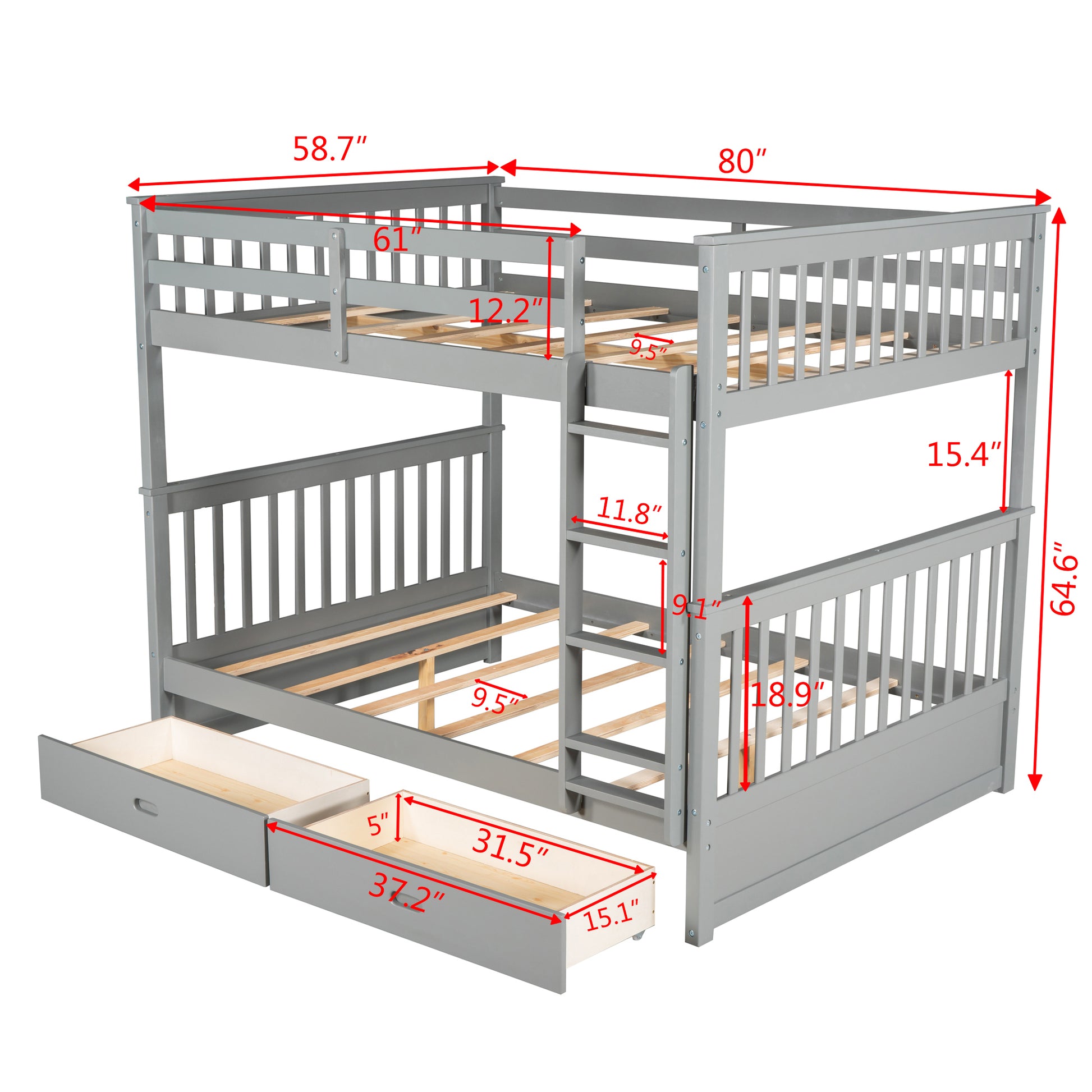 Full-Over-Full Bunk Bed with Ladders and Two Storage Drawers Gray