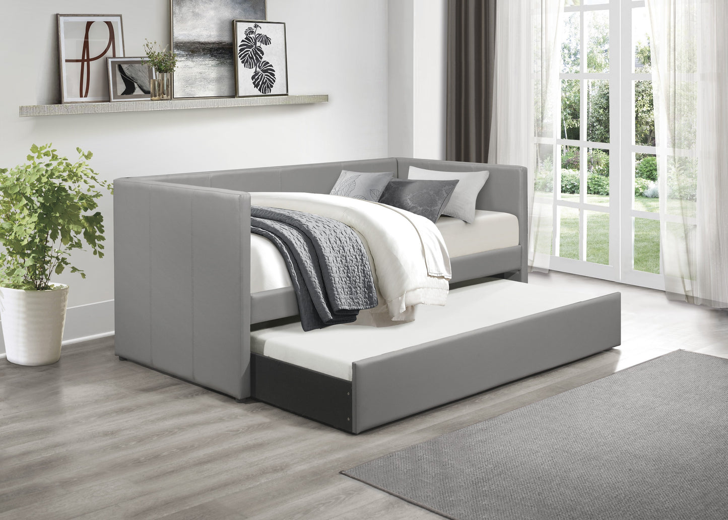 Laken Gray Faux Leather Contemporary Daybed with Trundle