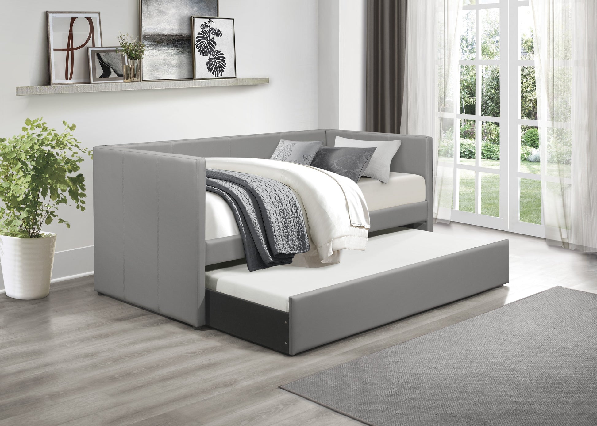 Laken Gray Faux Leather Contemporary Daybed with Trundle