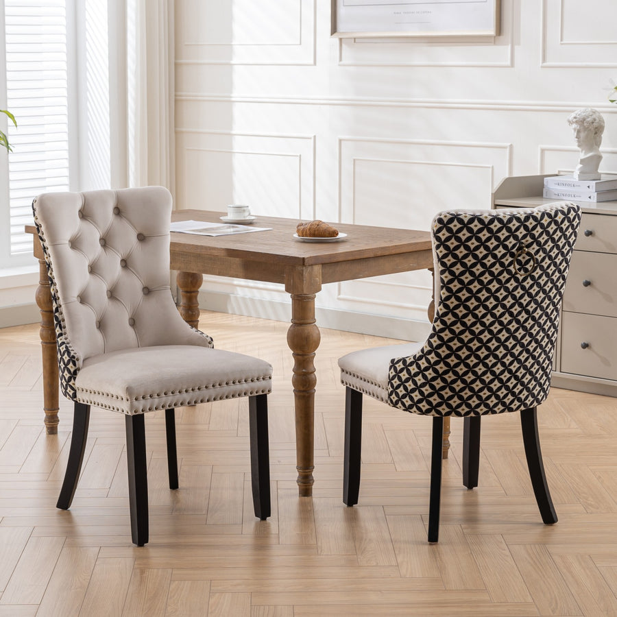 Beige Velvet Tufted Nailhead Trim Dining Chairs with Wood Legs (Set of 2)