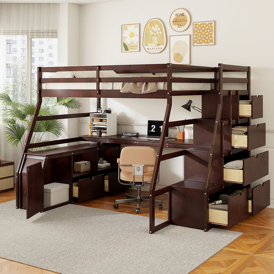 Full Size Loft Bed with 7 Drawers 2 Shelves and Desk - Espresso - primary color shot
