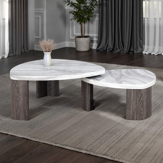 Contemporary Style Nesting Cocktail Table Hidden Caster for Easy Swivel Marble Pattern Space Saving Design Primary Living Room - primary color shot