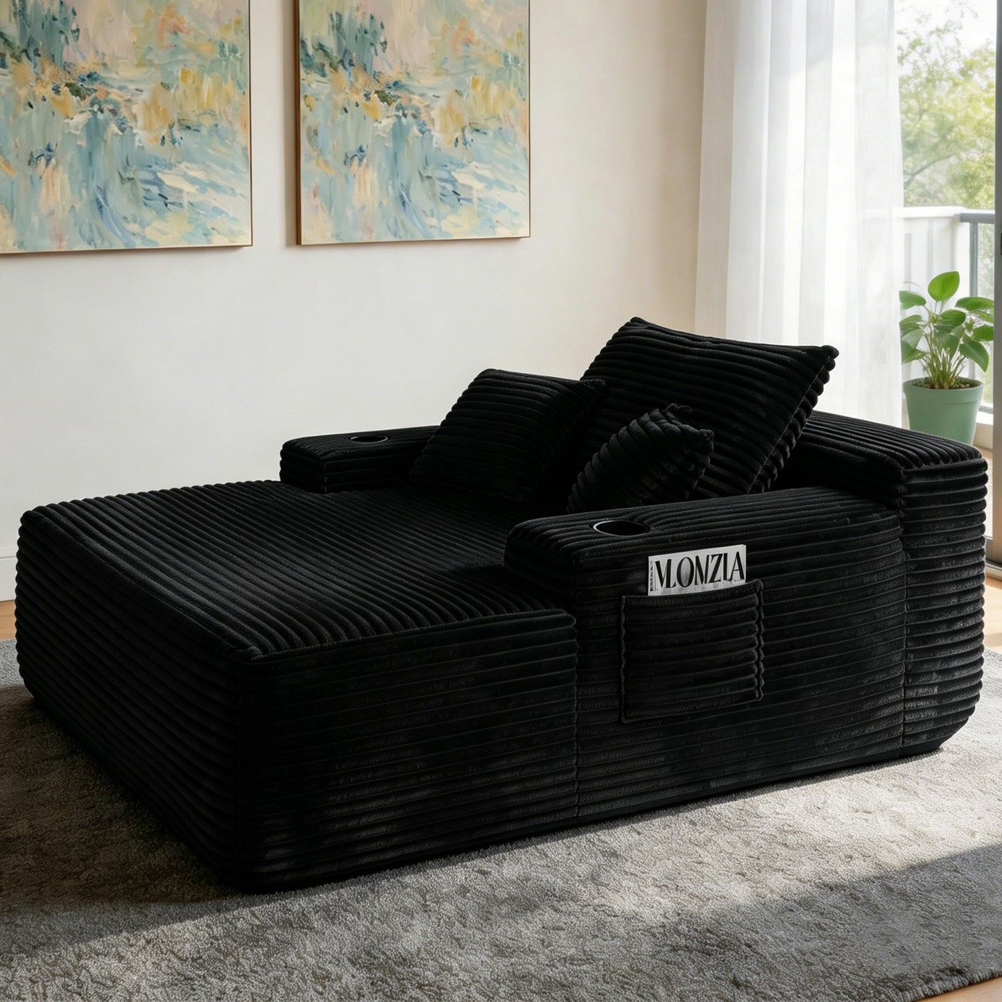 NEW Convertible Chaise Lounge Chair Plush with Wide Armrest & Throw Pillows - Black - detail view 4