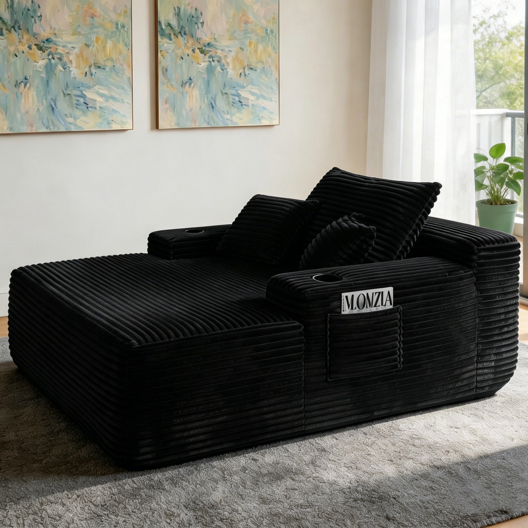 NEW Convertible Chaise Lounge Chair Plush with Wide Armrest & Throw Pillows - Black - detail view 4