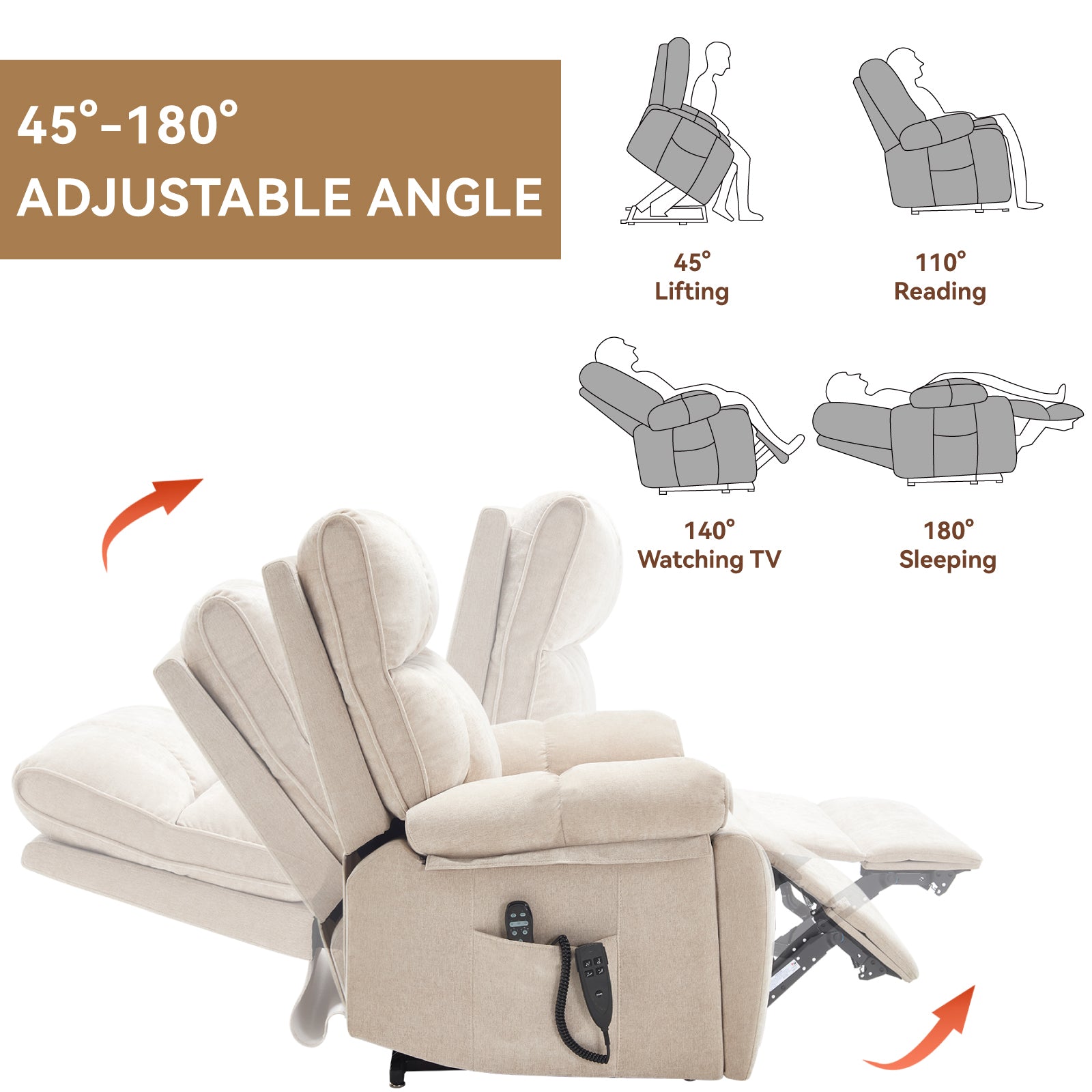 Beige Heat Massage Dual Motor Infinite Position Up to 350 LBS Large Electric Power Lift Recliners with Hidden Cup Holders - detail view 4