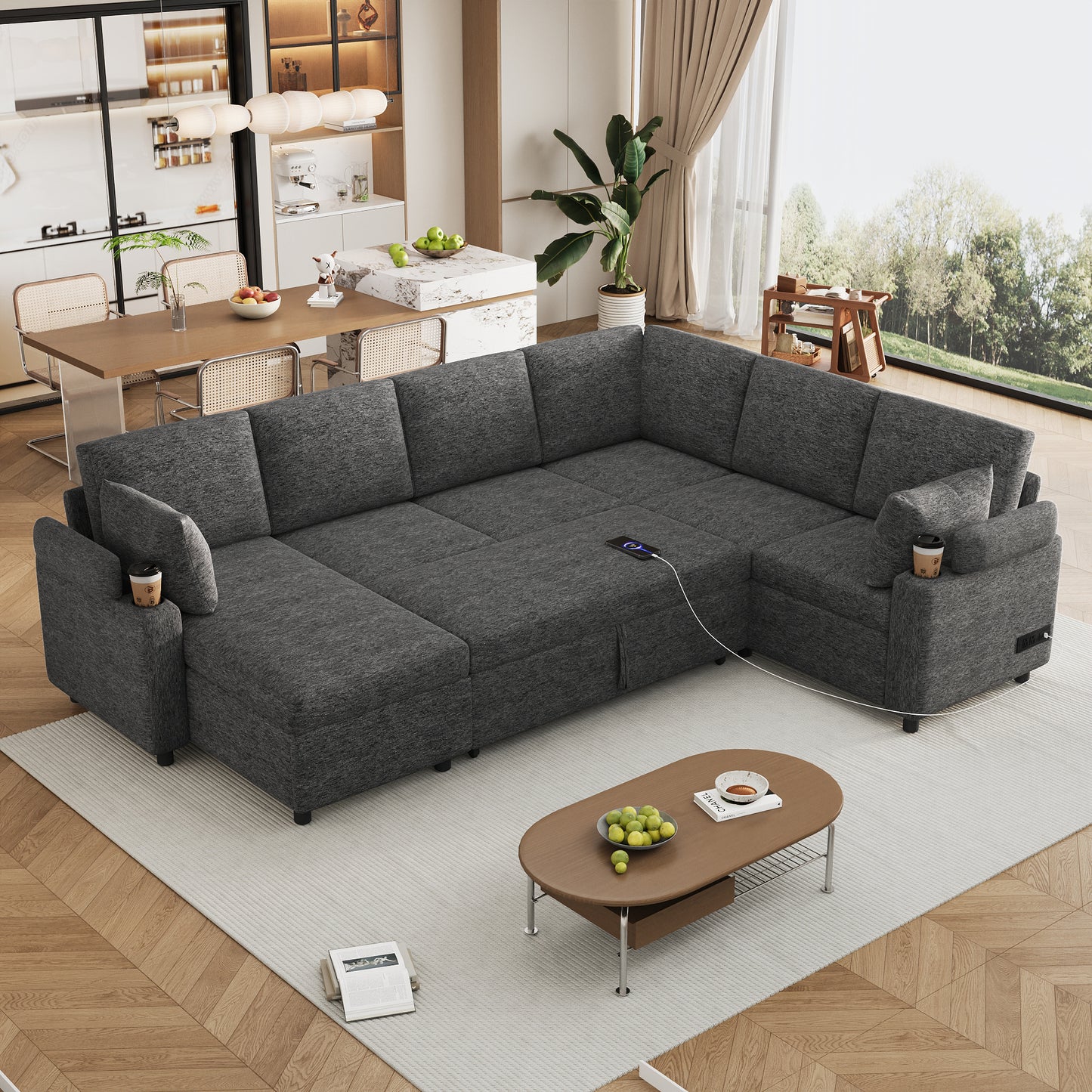Versatile U-Shaped Sectional Bed with Storage - Grey - detail view 2