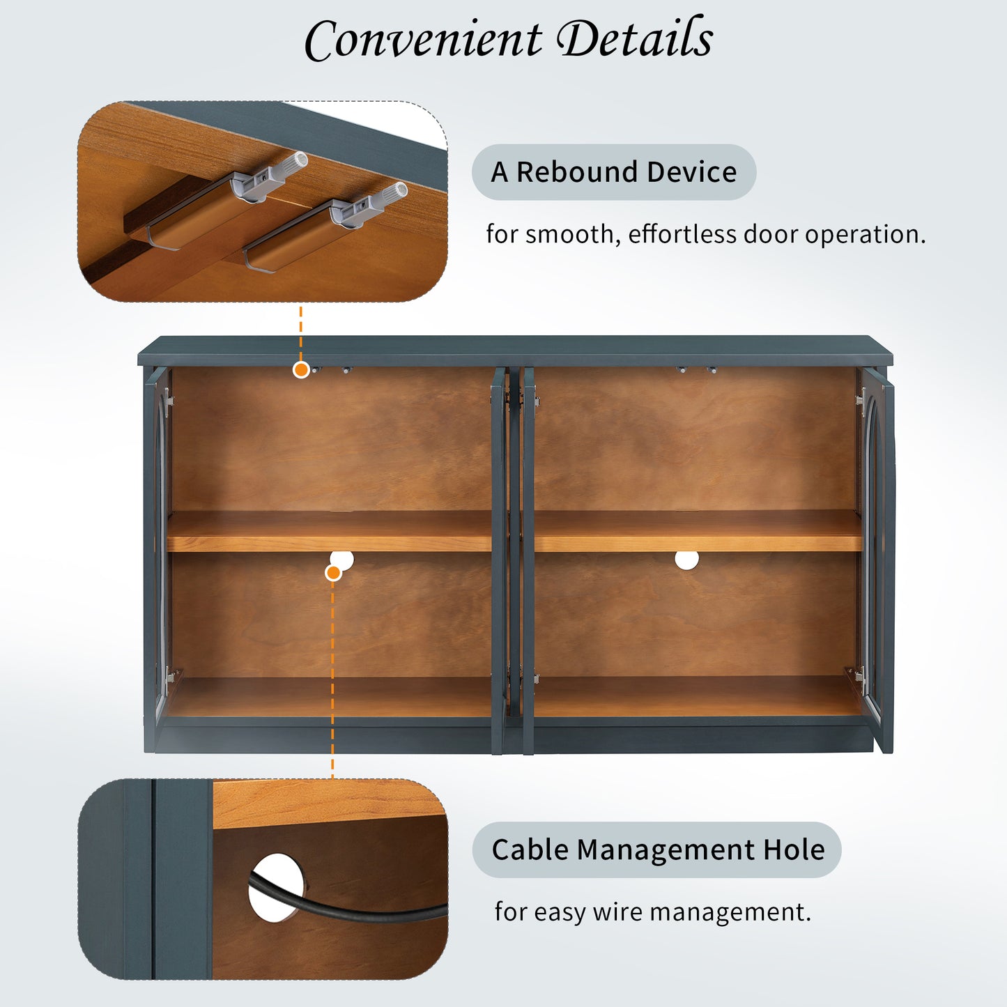 TREXM 4-Door Large Storage Buffet Cabinet with Glass Doors - Navy - detail view 7