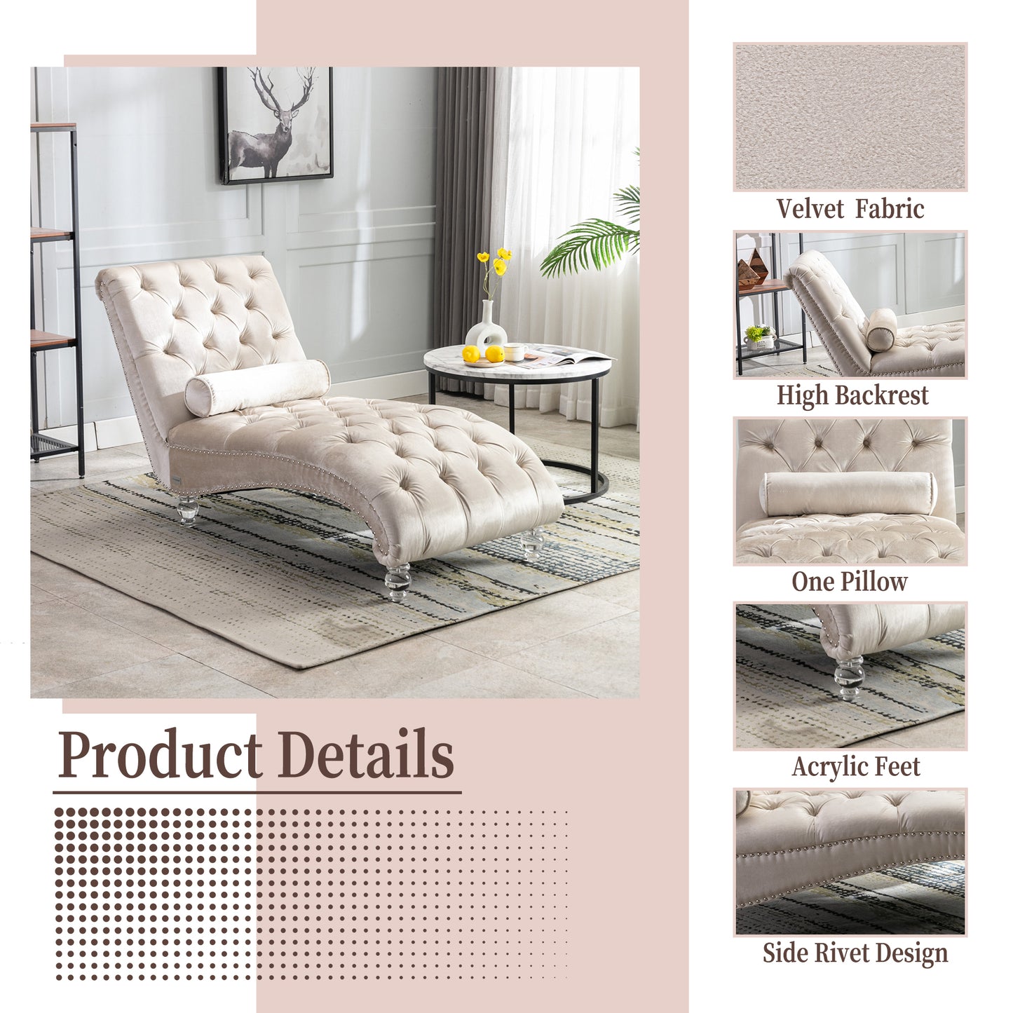 Beige Velvet Tufted Chaise Lounge with Wood Legs - detail view 4