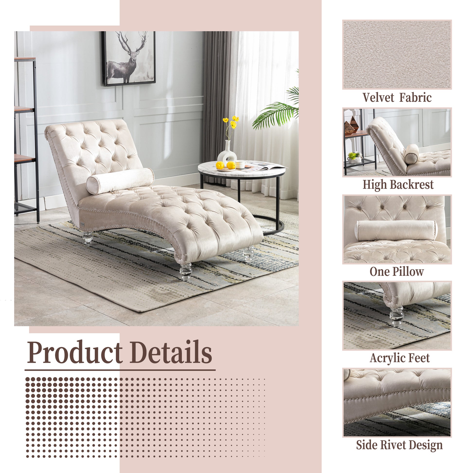 Beige Velvet Tufted Chaise Lounge with Wood Legs - detail view 4