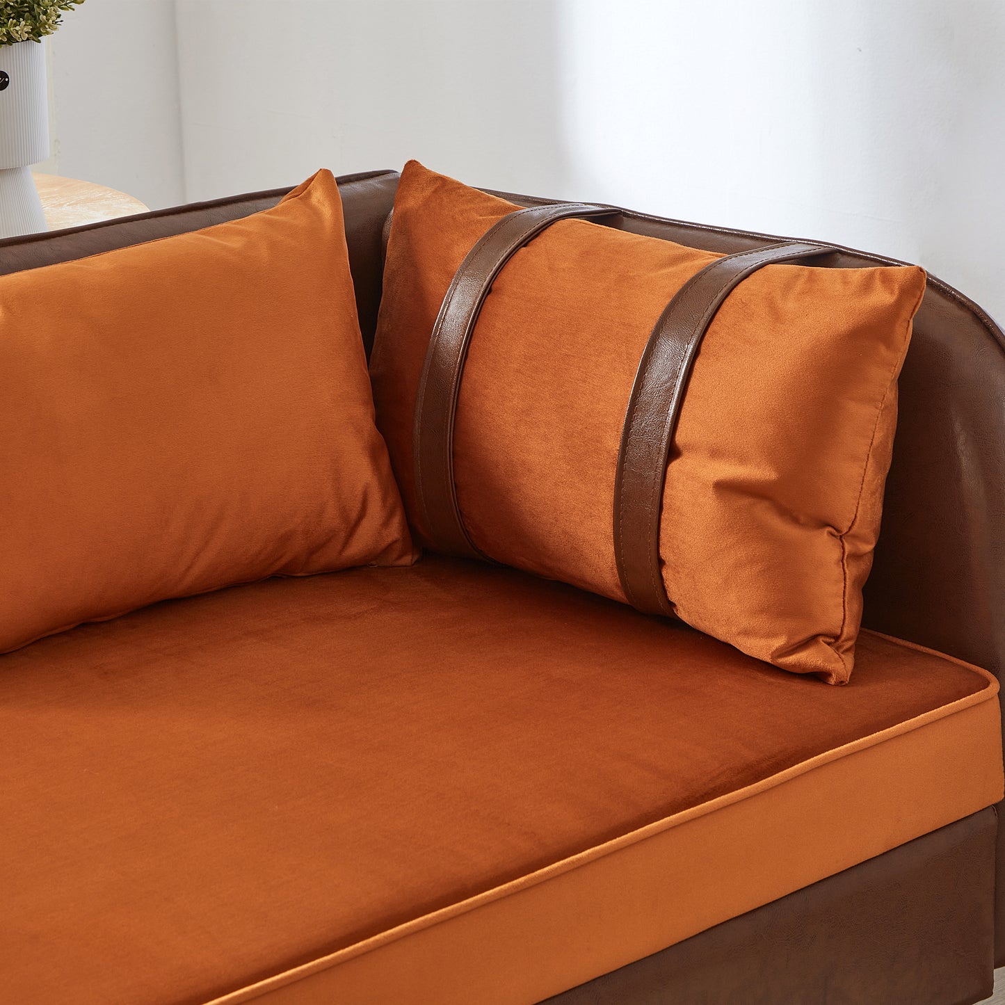 65" Storage Chaise Lounge Sofa Brown PU & Orange Velvet - detail view 7