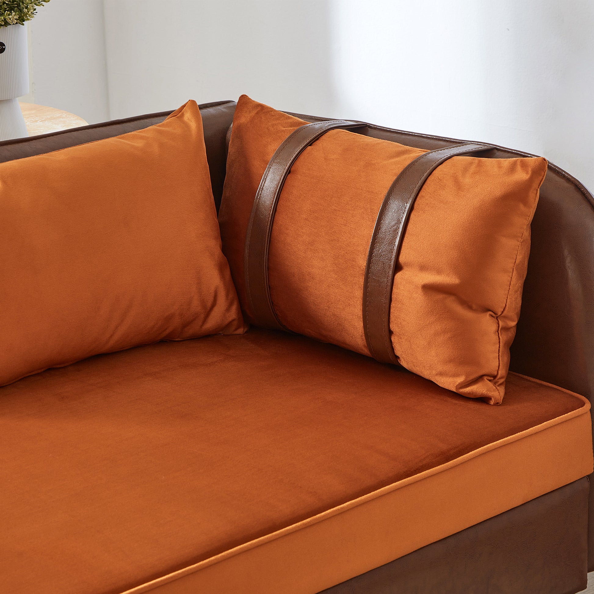 65" Storage Chaise Lounge Sofa Brown PU & Orange Velvet - detail view 7