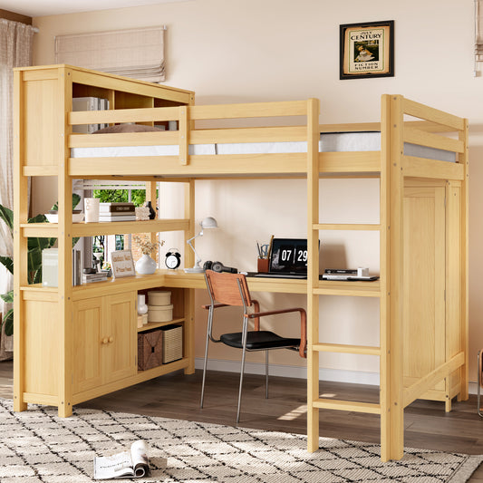 Wood Loft Bed with Cabinet and Bookshelf - Natural - primary color shot