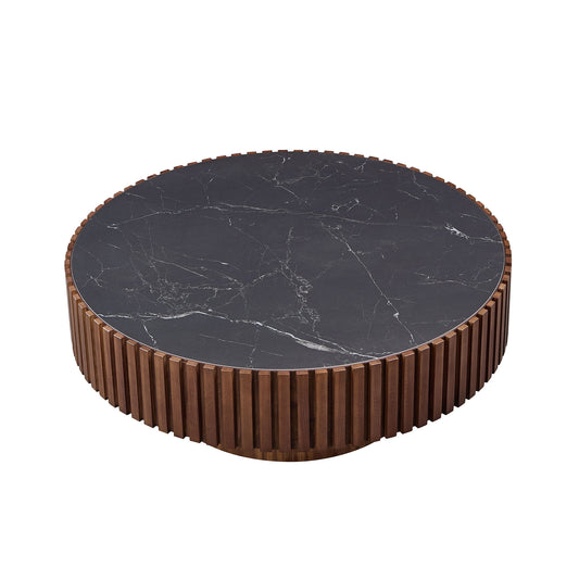 35.43'' Nesting Round Sintered Stone Tabletop Modern Drum Coffee Table Luxury Circle Coffee Table - Walnut - detail view 2