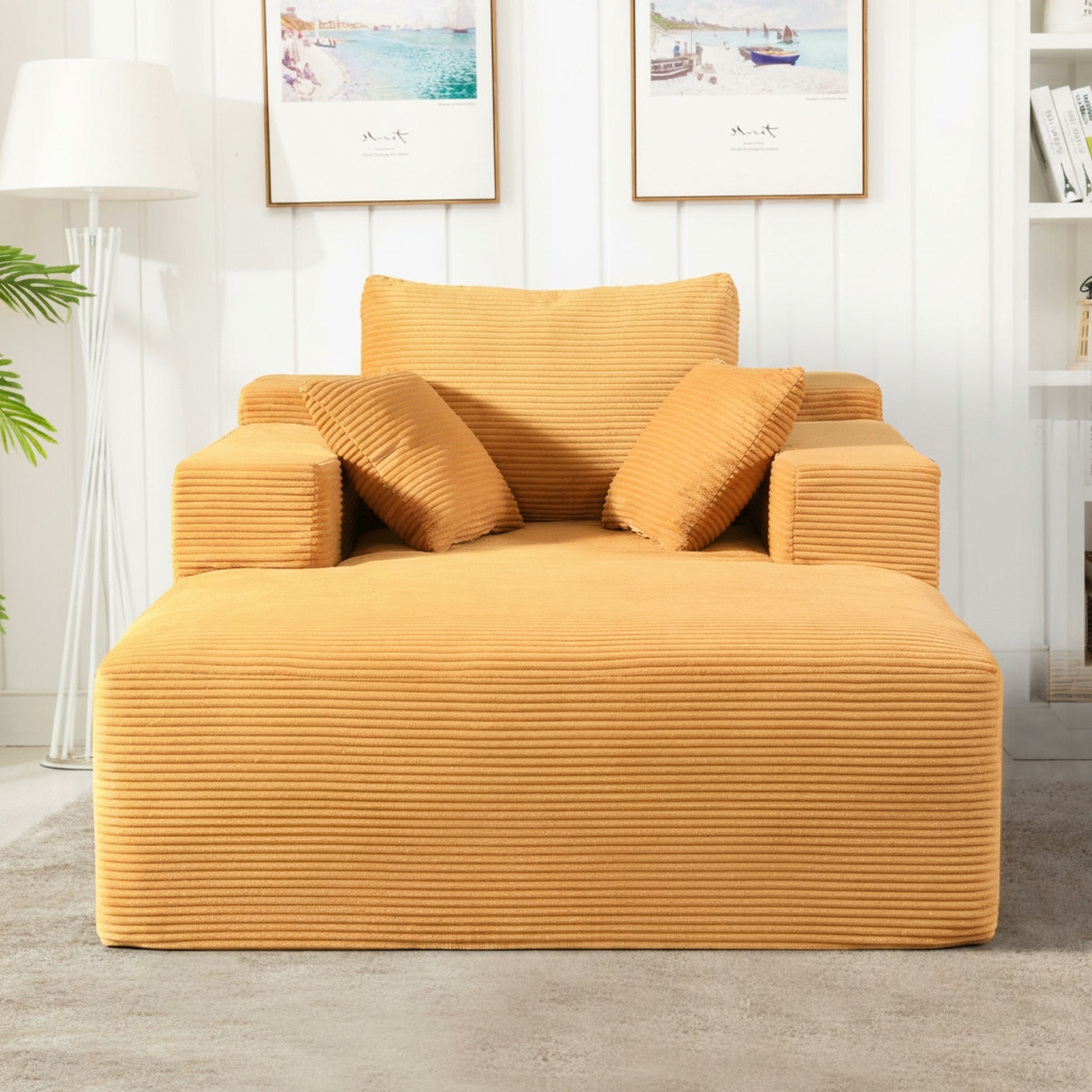 Convertible Chaise Lounge Chair Indoor – Oversized Corduroy Couch with Wide Armrest & Throw Pillows - Yellow - detail view 8