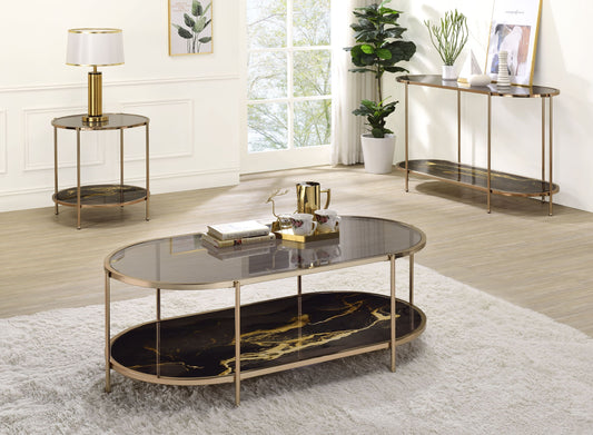 Fiorella Black Marble Print, Glass & Champagne Finish Coffee Table