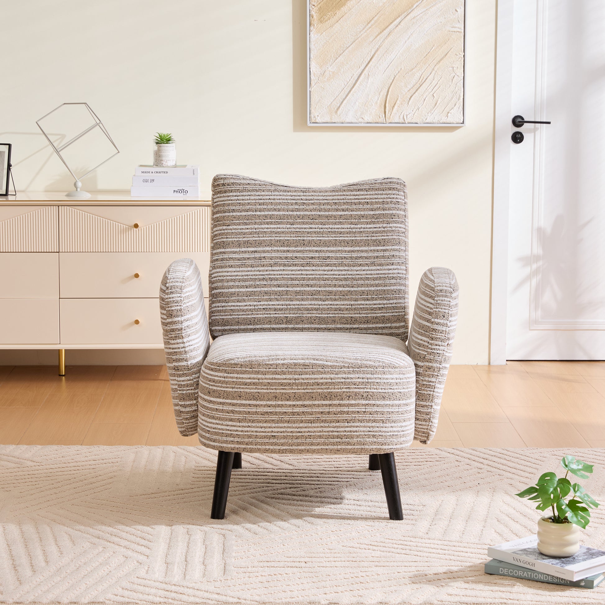 khaki Bouclé Accent Chair with Wood Legs - detail view 7