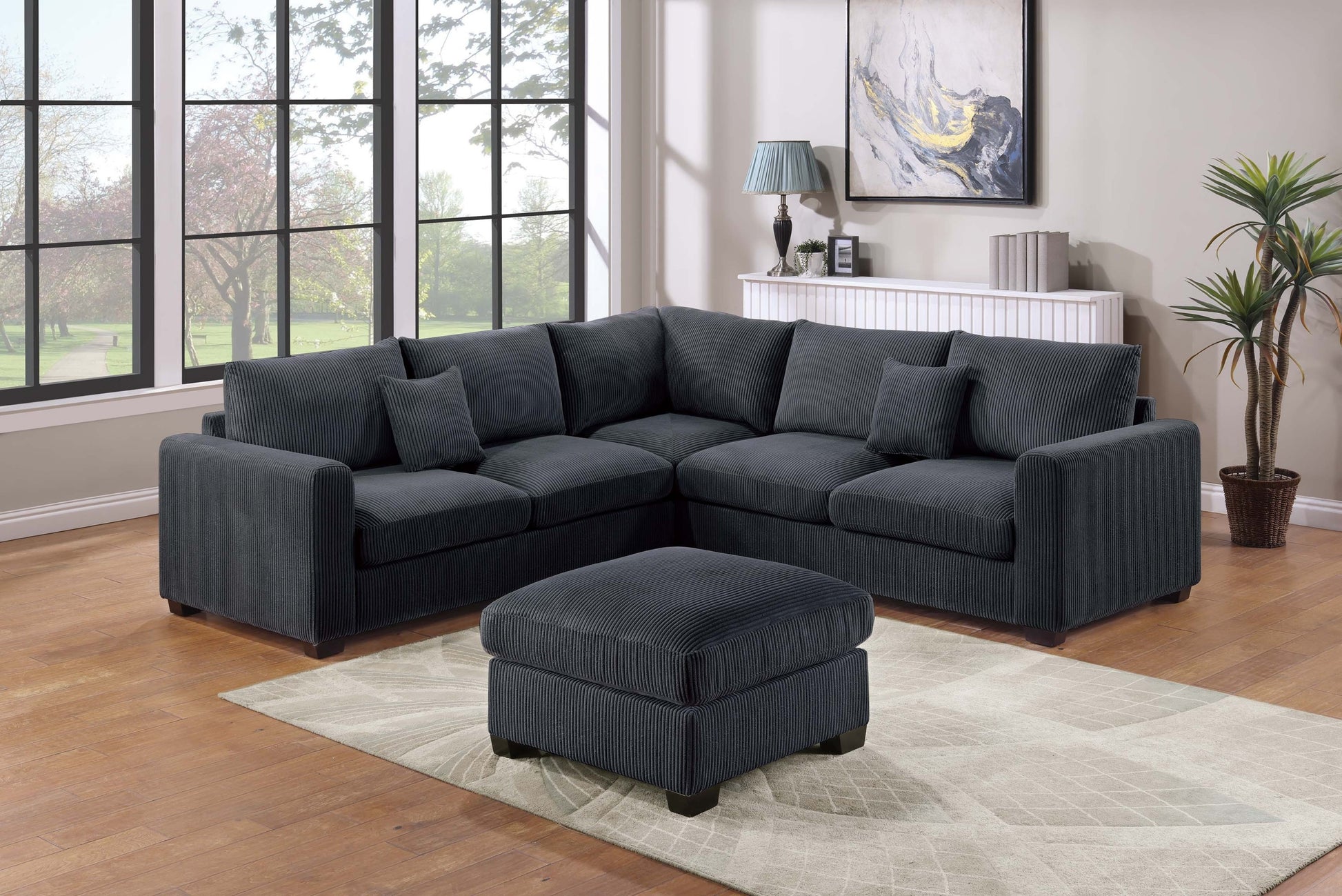 Modern Style L-Shaped 4pc Sectional Set Cocktail Ottoman Square Arms Throw Pillow Corduroy Upholstered Black Finish Primary Living Room - detail view 7
