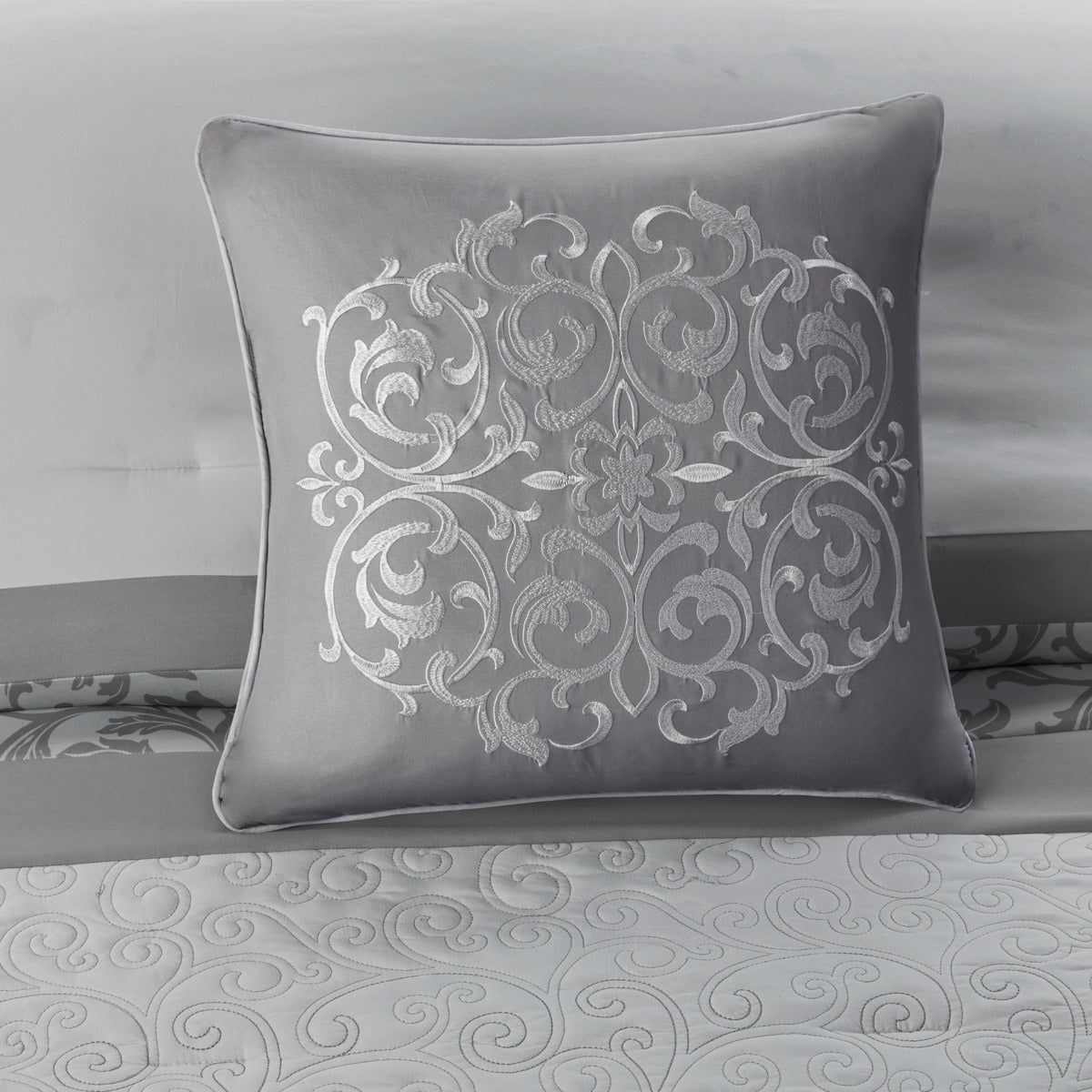 Embroidered 8 Piece Comforter Set Grey