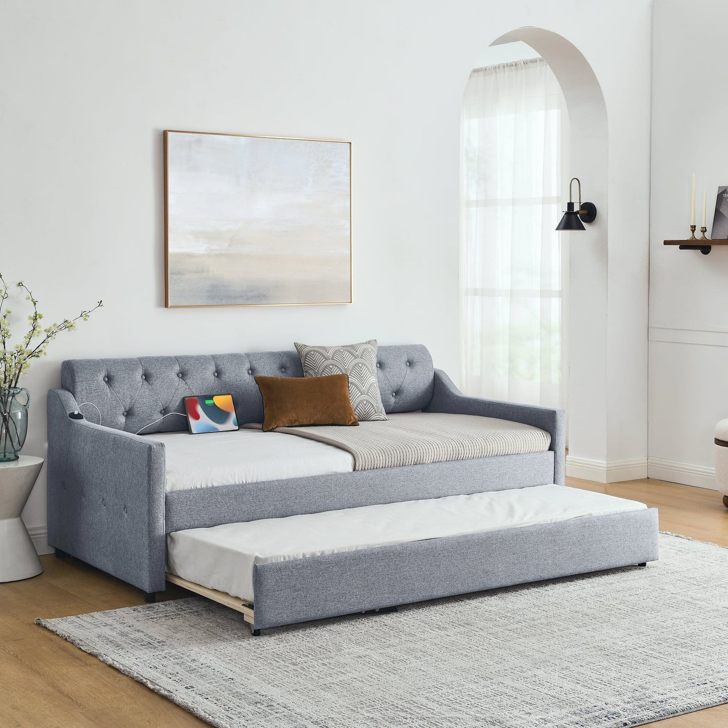 Piper Twin Size Linen Daybed with Pop-up Trundle, Gray