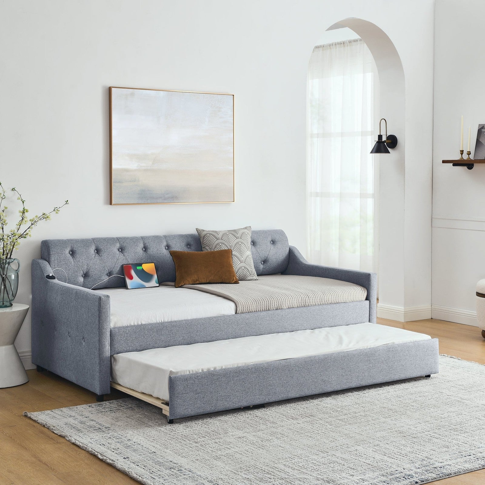 Piper Twin Size Linen Daybed with Pop-up Trundle, Gray