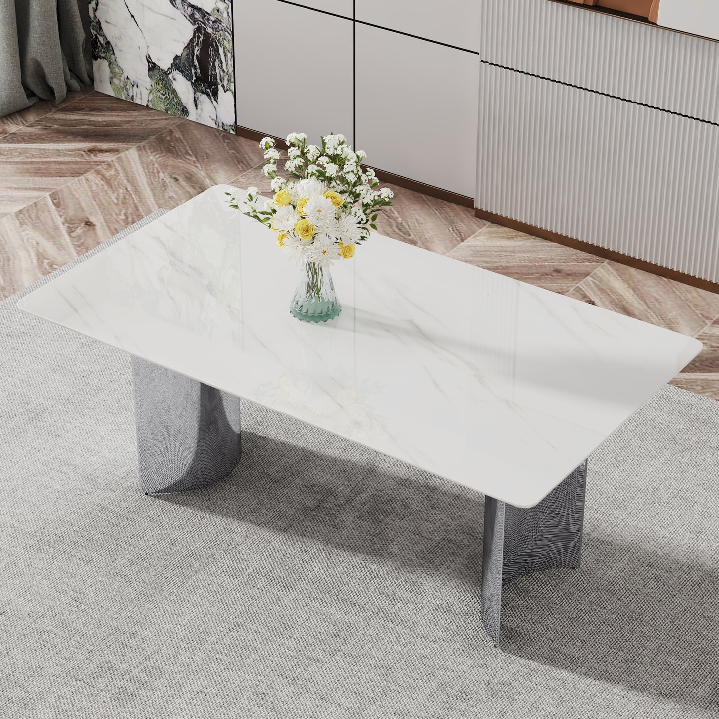 Modern Minimalist Dining Table with White Imitation Marble Glass Surface & Silver Metal Legs - detail view 4