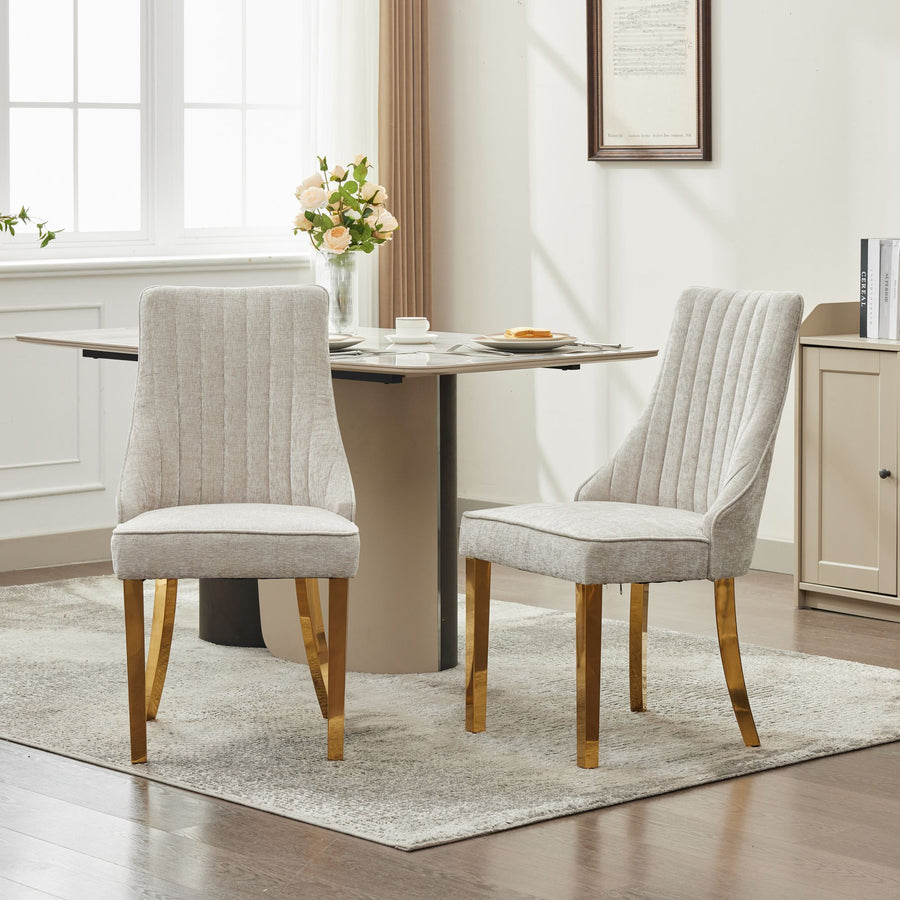 Beige Chenille Tufted Channel Dining Chairs with Brushed Silver Legs (Set of 2)