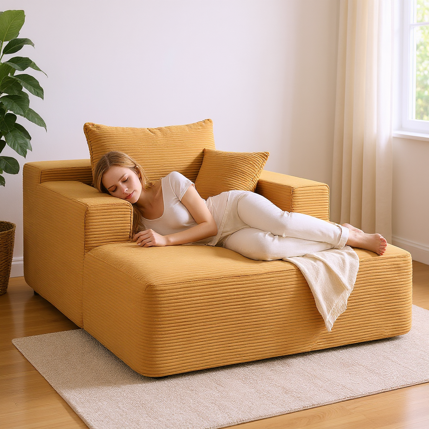 Convertible Chaise Lounge Chair Indoor – Oversized Corduroy Couch with Wide Armrest & Throw Pillows - Yellow - detail view 4