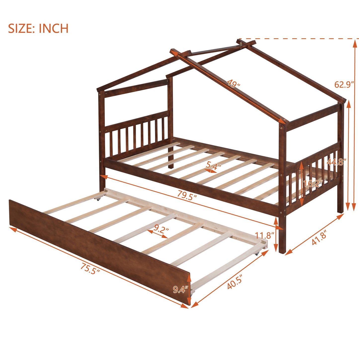 Palomar Twin Size Wooden House Bed with Twin Size Trundle, Walnut