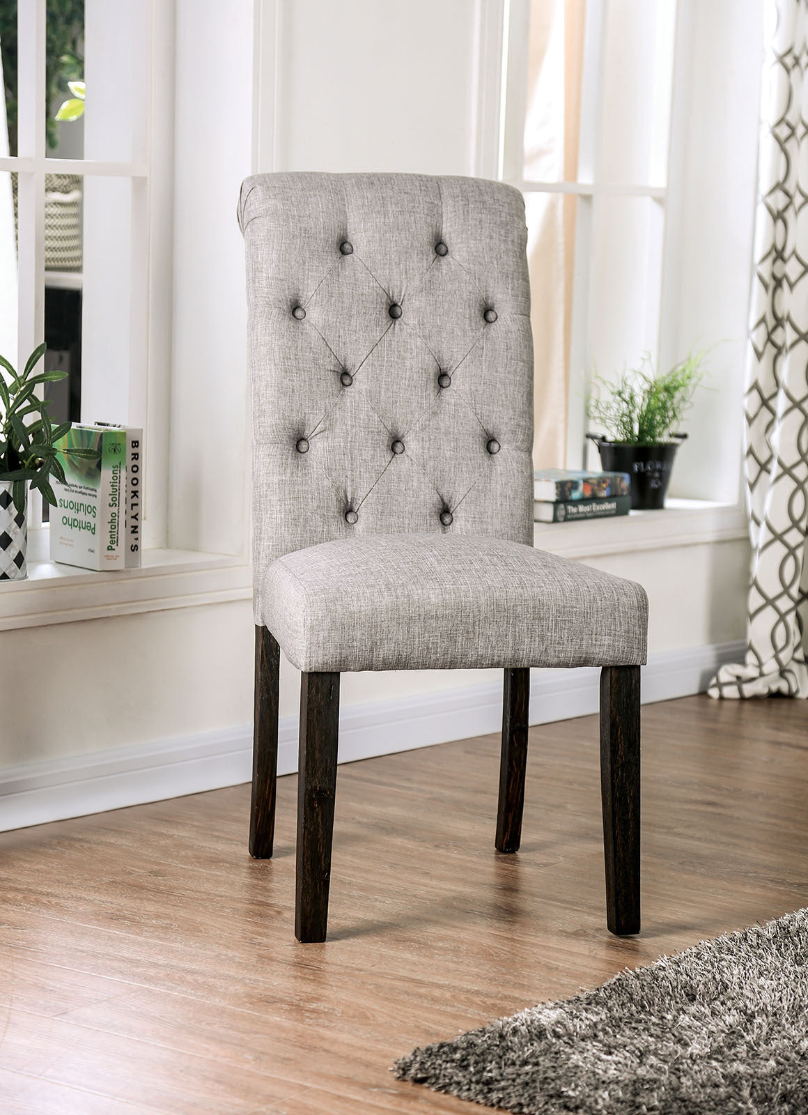 Madeline Button Tufted Linen Side Chairs with Antique Black Legs, Gray