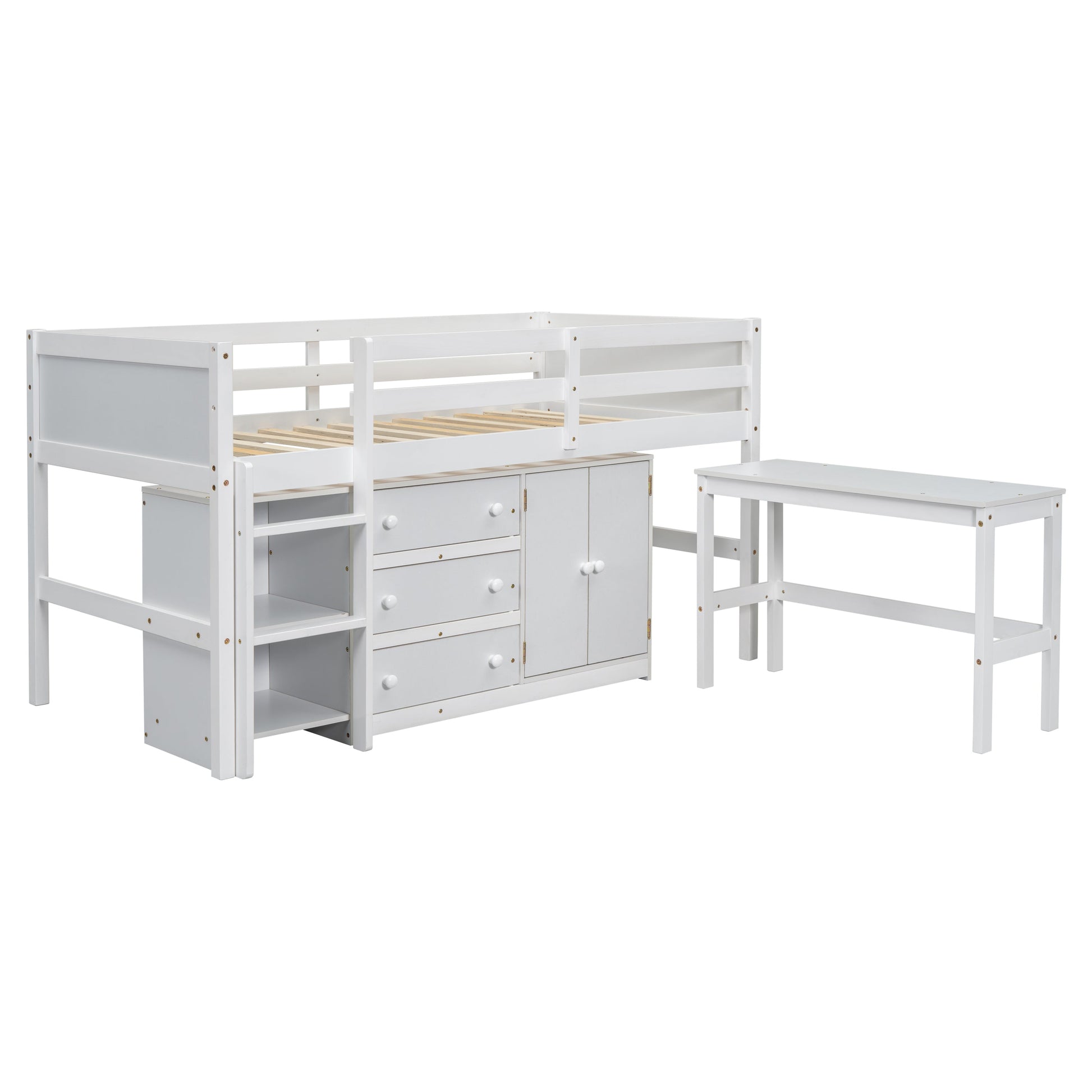 Mariner Twin Size Low Loft Bed With Pull-Out Desk, Drawers, Cabinet, and Shelves
