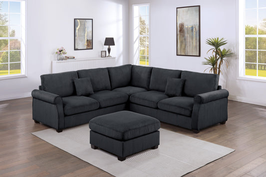 4pc Sectional Set Matching Pillow Cocktail Ottoman Corner Wedge Right And Left Arm Loveseat Corduroy Upholstered Black Finish Primary Living Room - primary color shot