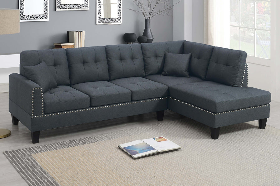 Modern Style 2pc Sectional Set Nailhead Trim Two Matching Accent Pillows Plastic Legs Left Arm Three Seat Sofa Charcoal Finish Primary Living - primary color shot