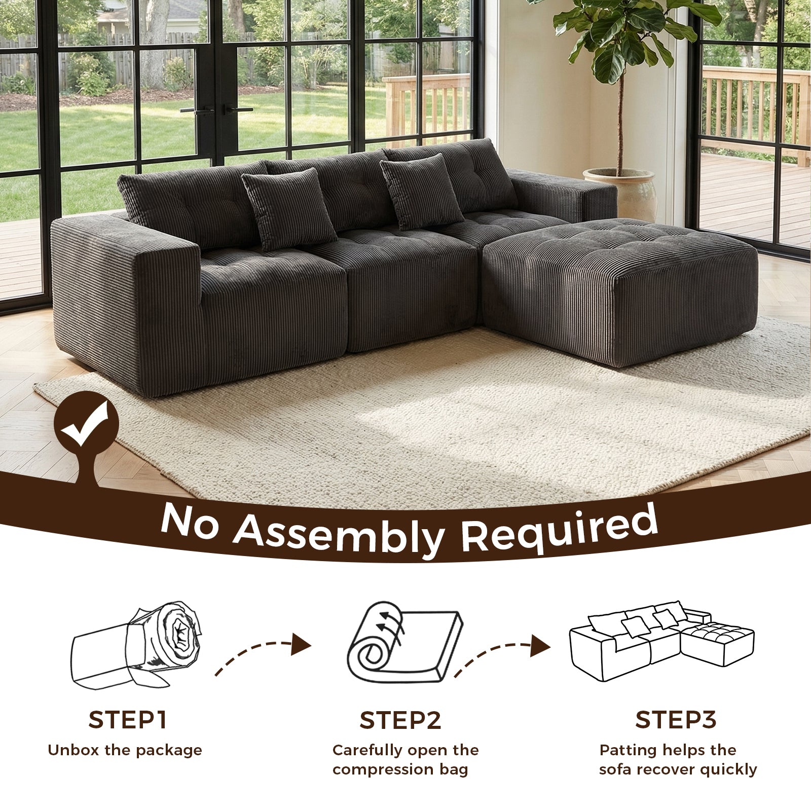 101' L-Shaped Modular Compression Sofa, 3-Seater Comfortable Cloud Sofa, Corduroy Fabric, with Movable Footrest, Free DIY Combination, Suitable for Living Room - detail view 6