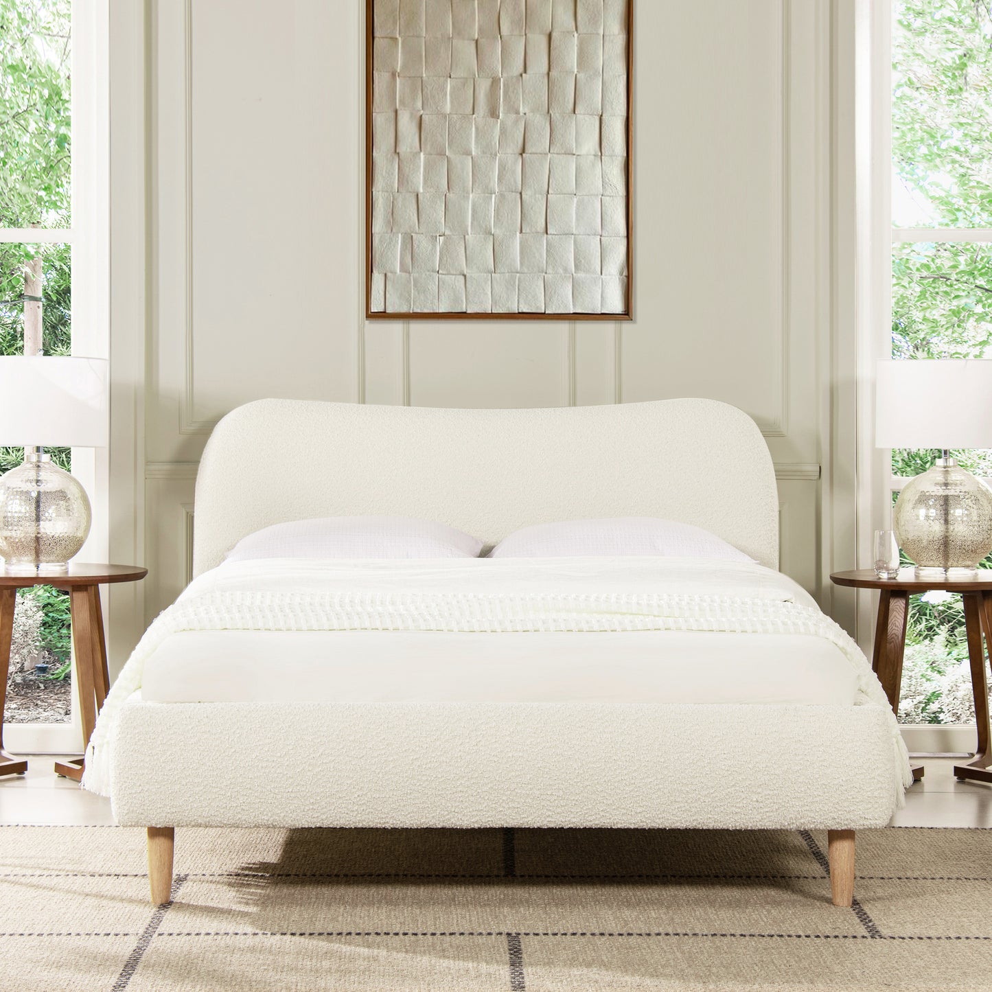 Ardena Curved Boucle Upholstered Platform Bed - Ivory White