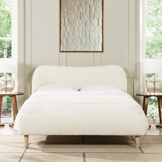 Ardena Curved Boucle Upholstered Platform Bed - Ivory White