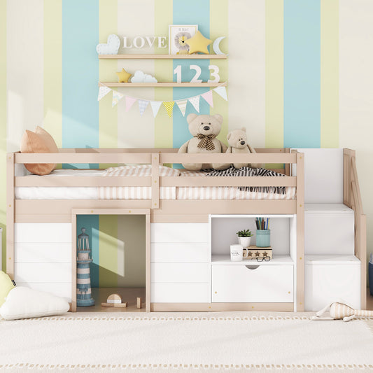 Gracen Twin Size Loft Bed with Stairway Chest & Drawers, White