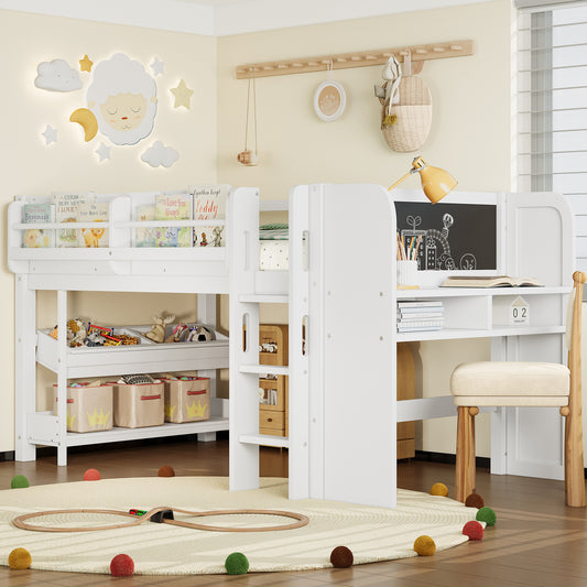 Twin Loft Bed with Multi-Storage Bookcases - Light White - primary color shot