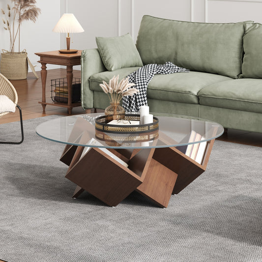 The Round Coffee Table with Glass Top and Geometric Abstract Art Deco Base Storage Shelves, Walnut, 35.4'