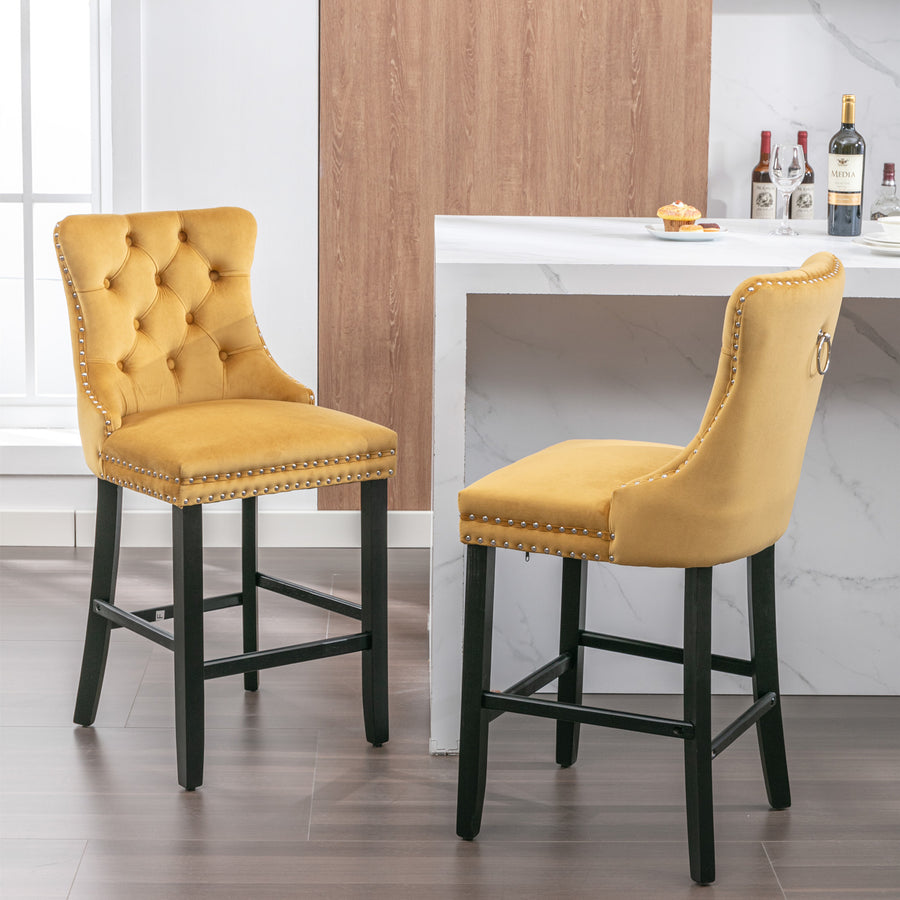 Gold Velvet Tufted Nailhead Trim Bar Stool with Silver Legs (Set of 2)