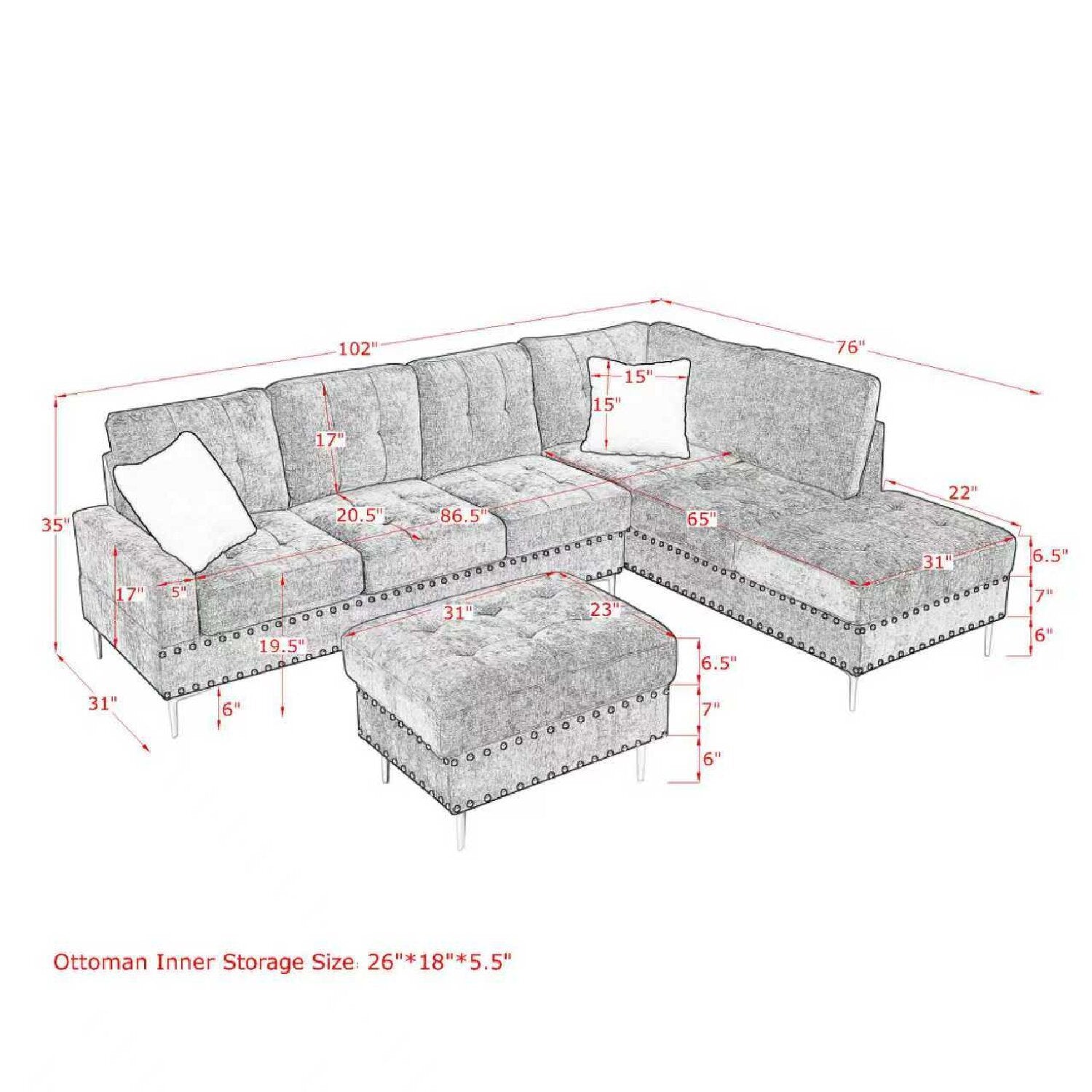 Modern L-Shaped Sectional Sofa with Chaise and Storage Ottoman in Black Chenille, Metal Legs and Copper Nails, Includes Two White Pillows, 102' - detail view 3